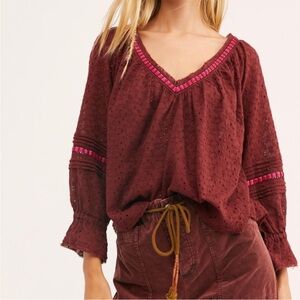 Free People Darcy Eyelet Lace Top Blouse V-Neck Burgundy Red Pink Velvet Trim